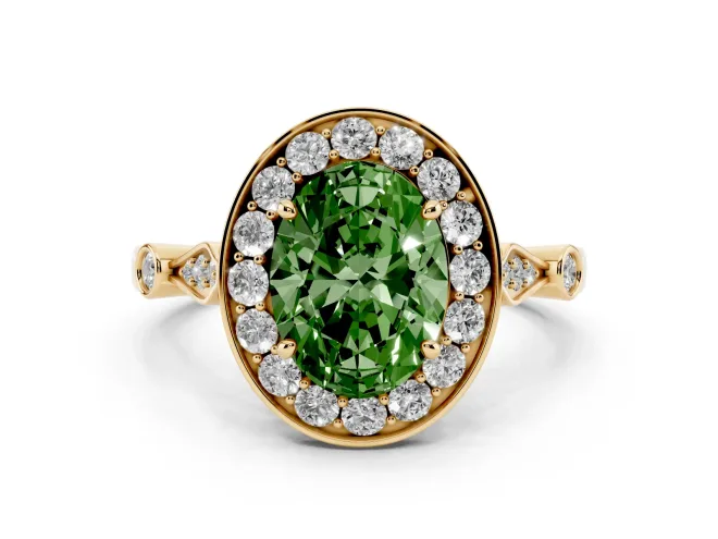 Oval Halo Engagement Ring Setting for a Fancy Green Lab-Grown Diamond | Bezel Stations | Yellow Gold