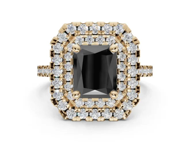 Radiant Cut Double Halo Engagement Ring Setting for a Black Center | Pavé Shoulders | Yellow Gold