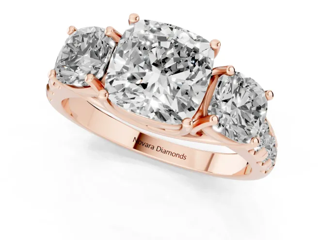 Cushion Cut Diamond Three-Stone Ring Set in Rose gold with Pavé Band – second view