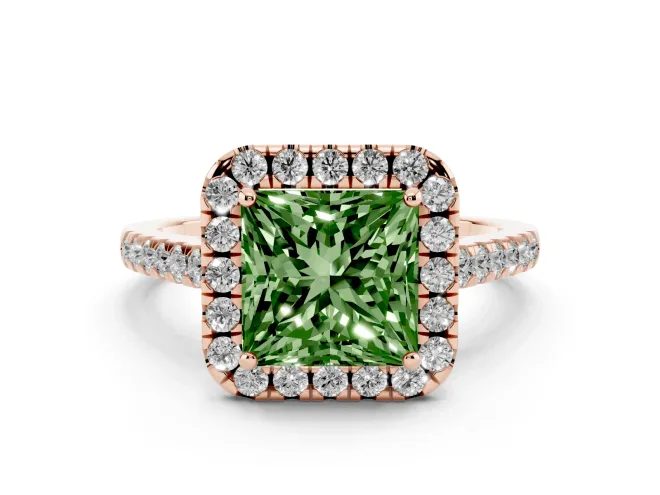Fancy Green Princess Cut Diamond Halo Pavé Engagement Ring Set in Rose gold with Prong Setting