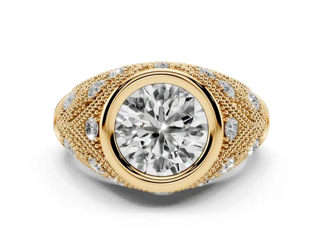 Round Cut Diamond Bezel Ring Set in Yellow gold with Milgrain Accent Band