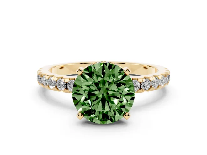 Fancy Green Round Cut Diamond Pavé Solitaire Ring Set in Yellow gold with Round Band Accents and Prong Setting