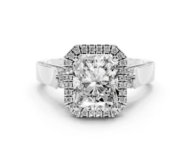 Radiant Cut Diamond Halo Ring Set in White gold with Pavé-Lined Split Shank Band