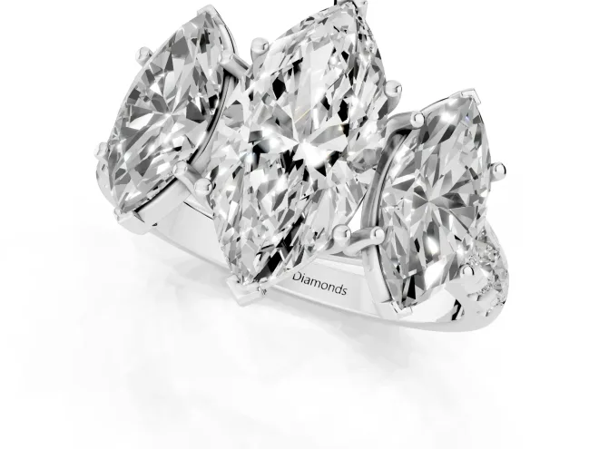Marquise Cut Diamond Three-Stone Ring Set in White gold with Pavé Band – second view