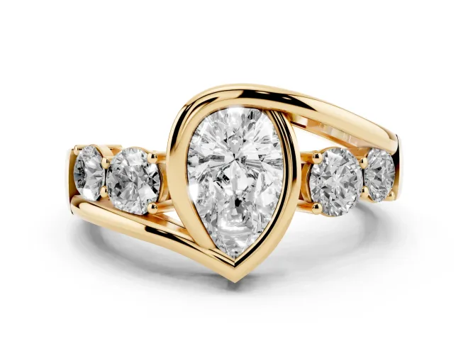 Pear-Shaped Bezel Bypass Engagement Ring Setting | Round Side Stones | Yellow Gold