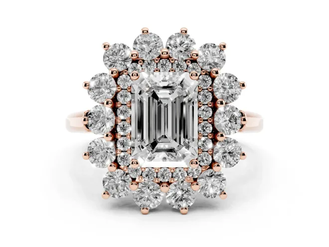 Emerald Cut Diamond Floral Double Halo Ring Set in Rose gold with Round Petals