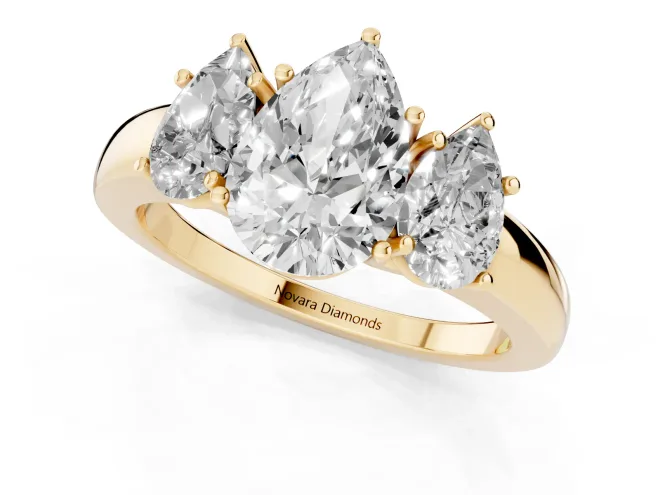 Pear Cut Diamond Three-Stone Ring Set in Yellow gold with Bold Center and Classic Band – second view
