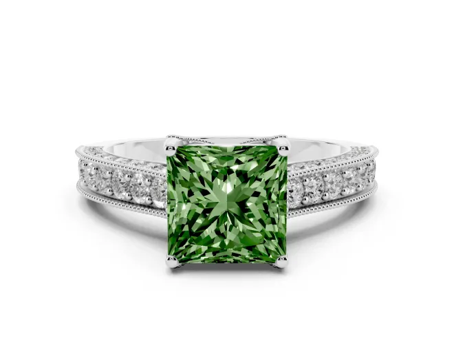 Princess Cut Hidden Halo Engagement Ring Setting for a Fancy Green Lab-Grown Diamond | Milgrain Pavé | Platinum