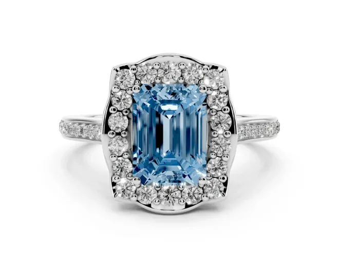 Emerald Cut Petal Tip Halo Engagement Ring Setting for a Fancy Blue Lab-Grown Diamond | Pavé Band | White Gold