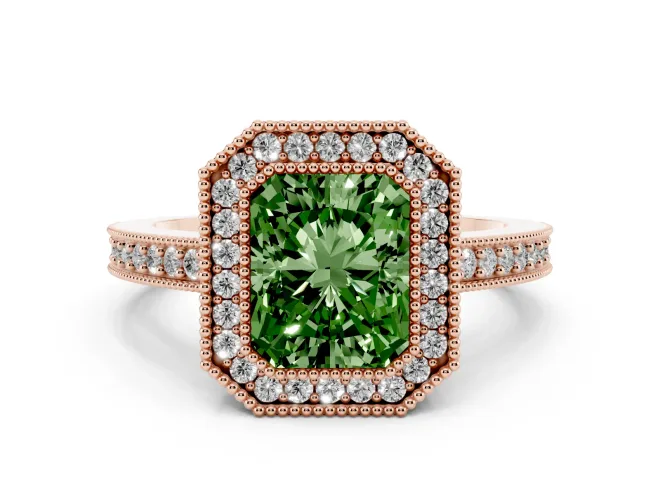 Fancy Green Radiant Cut Diamond Halo Engagement Ring Set in Rose gold with Pavé Band and Round Halo Stones