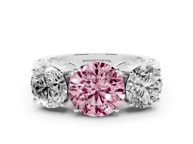 Fancy Pink Round Cut Diamond Three-Stone Ring Set in Platinum with Textured Band