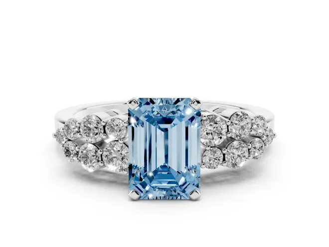 Emerald Cut Side Stone Engagement Ring Setting for a Fancy Blue Lab-Grown Diamond | Shoulder Clusters | White Gold