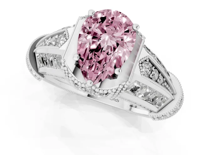 Fancy Pink Pear Cut Diamond Vintage-Inspired Milgrain Ring Set in Platinum with Accent Split Shank – second view