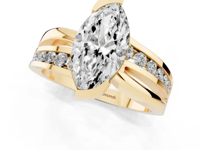 Marquise Cut Diamond Solitaire Ring Set in Yellow gold with Channel Set Split Shank and Tension Prongs – second view