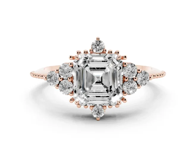 Asscher Cut Vintage Cluster Engagement Ring Setting | Beaded Edges | Rose Gold