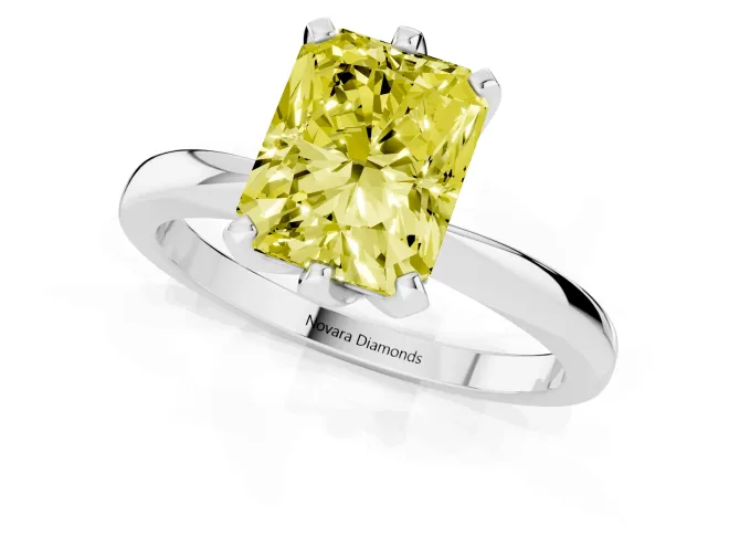 Fancy Yellow Radiant Cut Diamond Solitaire Engagement Ring Set in White gold with Slim Tapered Solitaire Band – second view