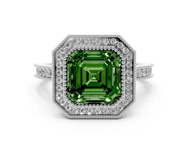 Asscher Cut Vintage Milgrain Halo Engagement Ring Setting for a Fancy Green Lab-Grown Diamond | Bezel Head | White Gold