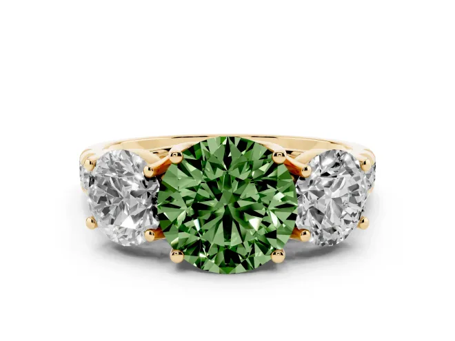 Round Three Stone Engagement Ring Setting for a Fancy Green Lab-Grown Diamond | Accented Shoulders | Yellow Gold