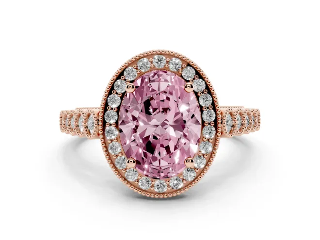 Oval Graduated Milgrain Halo Engagement Ring Setting for a Fancy Pink Lab-Grown Diamond | Rose Gold