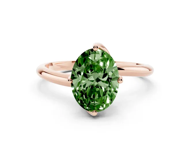 Fancy Green Oval Cut Diamond Solitaire Engagement Ring Set in Rose gold with Classic Plain Band
