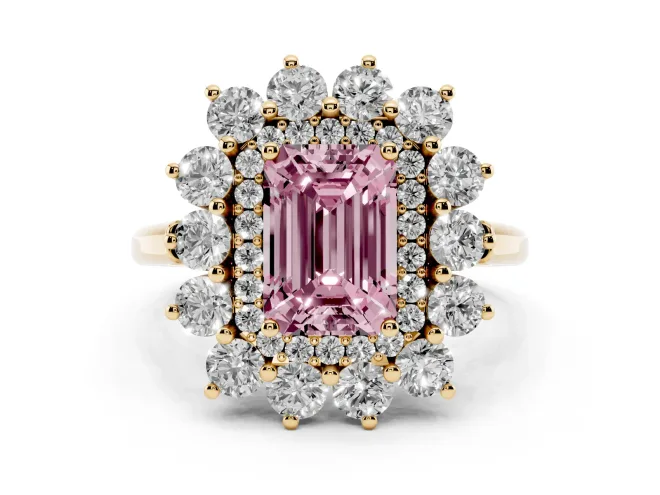 Fancy Pink Emerald Cut Diamond Floral Double Halo Ring Set in Yellow gold with Round Petals