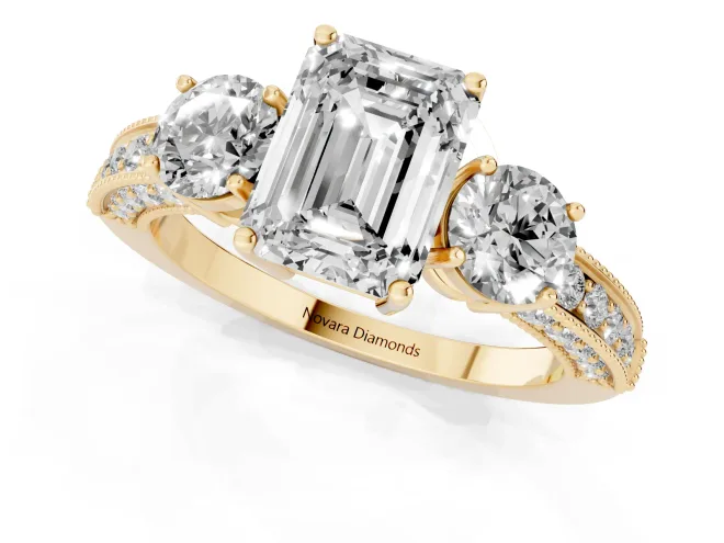 Emerald Cut Diamond Three-Stone Ring Set in Yellow gold with Round Side Stones and Pavé Band – second view
