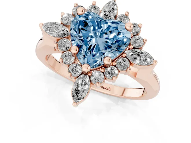 Fancy Blue Heart Cut Diamond Cluster Halo Ring Set in Rose gold with Marquise and Round Accents – second view