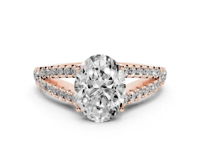 Oval Cut Diamond Split Shank Pavé Engagement Ring Set in Rose gold with Prong-Held Center Stone