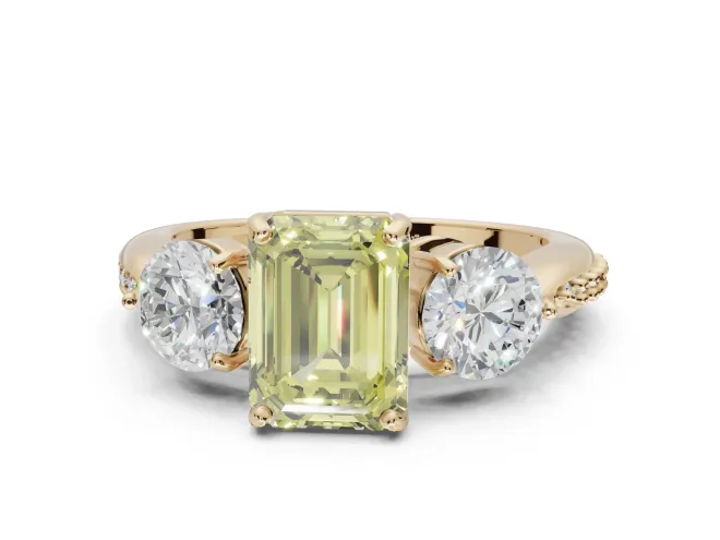 Emerald Cut Three Stone Engagement Ring Setting for a Fancy Yellow Lab-Grown Diamond | Tapered Pavé Band | Yellow Gold