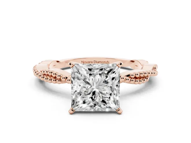 Princess Cut Twisted Solitaire Engagement Ring Setting | Beaded Twist Band | Rose Gold