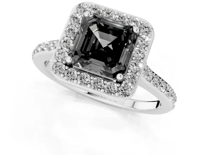 Fancy Black Asscher Cut Diamond Halo Engagement Ring Set in Platinum with Round Pavé Shoulders and Heart Gallery – second view