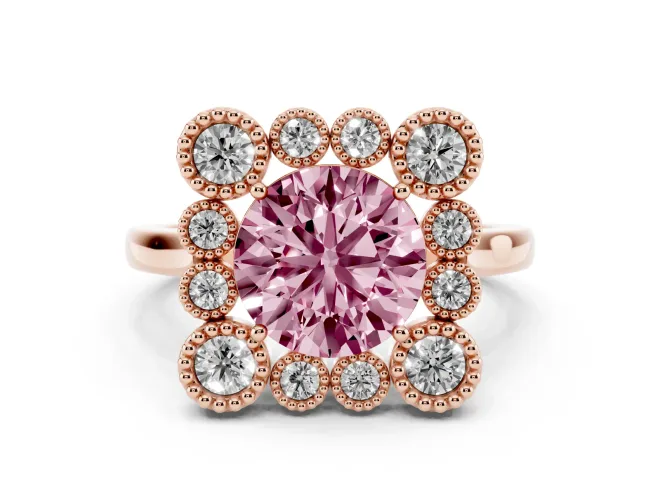 Round Milgrain Cluster Halo Engagement Ring Setting for a Fancy Pink Lab-Grown Diamond | Plain Band | Rose Gold