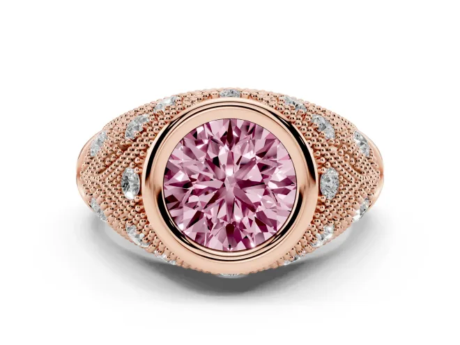 Fancy Pink Round Cut Diamond Bezel Ring Set in Rose gold with Milgrain Accent Band
