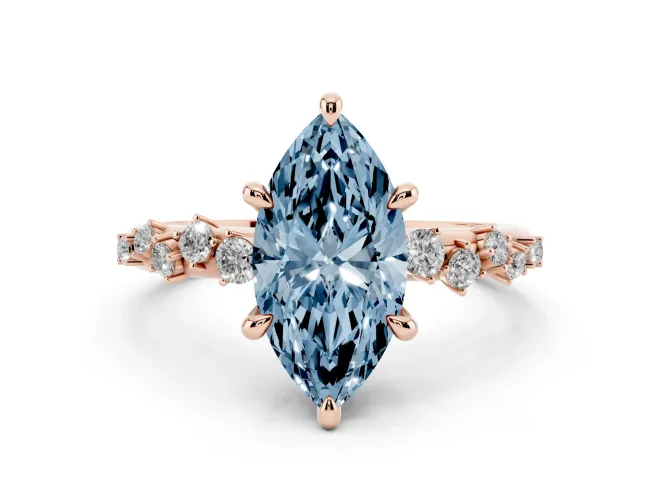 Fancy Blue Marquise Cut Diamond Solitaire Vine Band Ring Set in Rose gold with Round Accents and Prong Setting