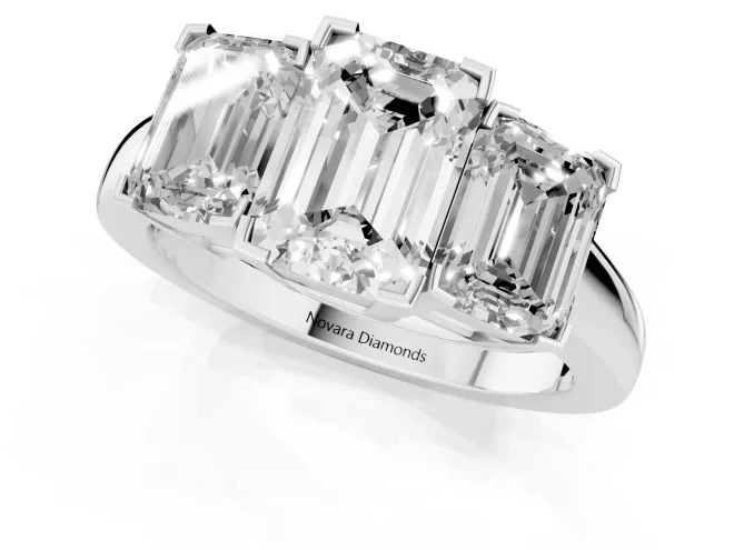 Emerald Cut Diamond Three-Stone Ring Set in White gold with Channel-Set Band and Prong Settings – second view