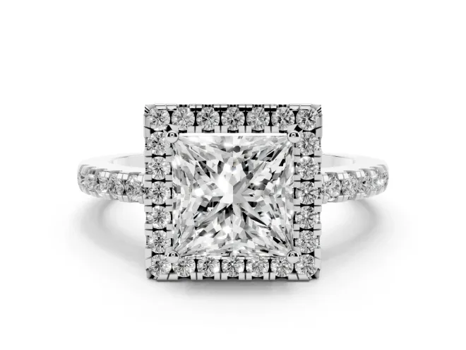Princess Cut Halo Engagement Ring Setting | Shared Prong Pavé Band | Platinum