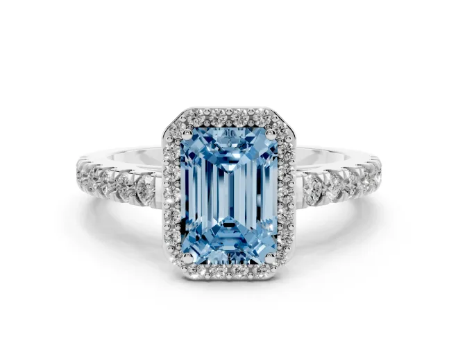 Emerald Cut Halo Pavé Engagement Ring Setting for a Fancy Blue Lab-Grown Diamond | Platinum