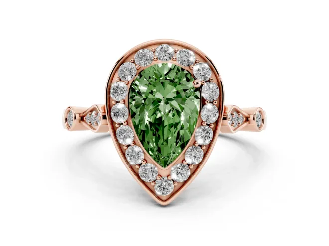 Pear-Shaped Halo Engagement Ring Setting for a Fancy Green Lab-Grown Diamond | Bezel Station Shoulders | Rose Gold