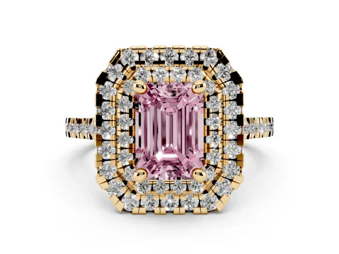 Fancy Pink Emerald Cut Diamond Double Halo Statement Ring Set in Yellow gold with Pavé Band