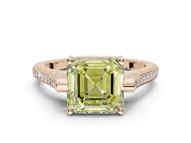 Asscher Cut Vintage Cathedral Engagement Ring Setting for a Fancy Yellow Lab-Grown Diamond | Carved Band | Rose Gold