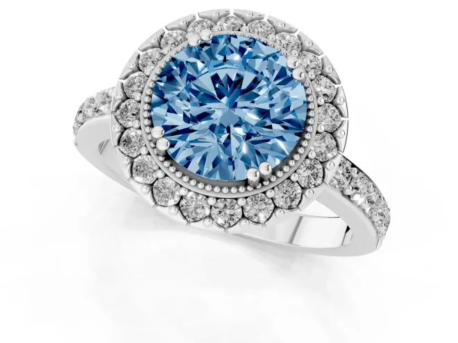 Fancy Blue Round Cut Diamond Halo Ring Set in Silver with Pavé Shank and Prong Setting – second view