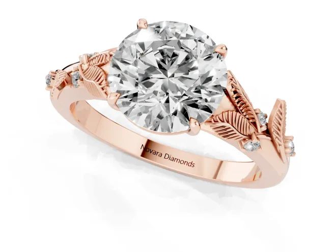 Round Cut Diamond Solitaire Ring Set in Rose gold with Leaf Motif Band – second view