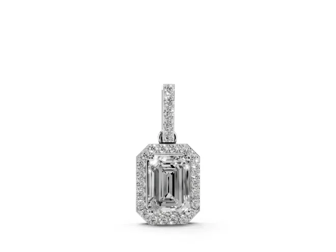 Emerald Cut Diamond Halo Pendant Set in Silver with Prong-Set Center