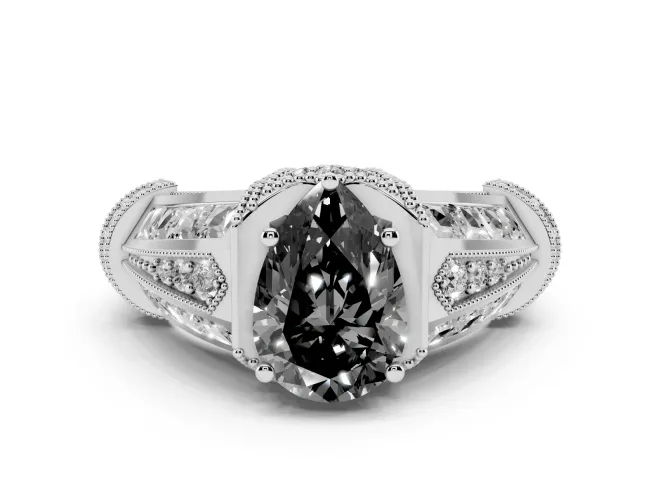 Fancy Black Pear Cut Diamond Vintage-Inspired Milgrain Ring Set in Platinum with Accent Split Shank