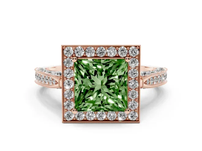 Fancy Green Princess Cut Diamond Halo Engagement Ring Set in Rose gold with Accent Split Shank Band