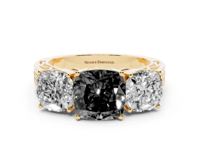 Fancy Black Cushion Cut Diamond Three-Stone Ring Set in Yellow gold with Textured Band