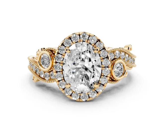 Oval Cut Diamond Halo Ring Set in Yellow gold with Milgrain Pavé Band and Prong Setting