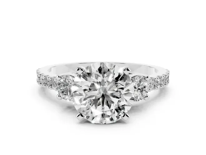Three-Stone Round Cut Diamond Pavé Band Ring Set in White gold with Prong Setting