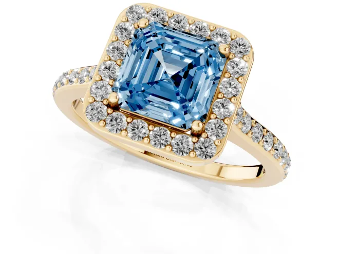 Fancy Blue Asscher Cut Diamond Halo Engagement Ring Set in Yellow gold with Round Pavé Shoulders and Heart Gallery – second view