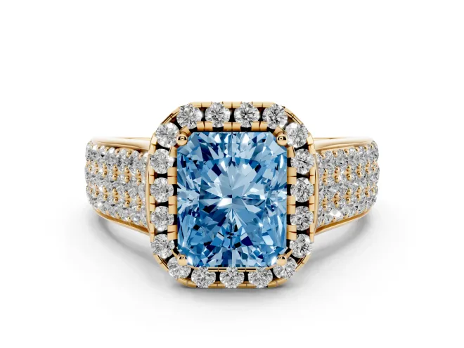 Radiant Cut Pavé Engagement Ring Setting for a Fancy Blue Lab-Grown Diamond | Wide Three-Row Band | Yellow Gold